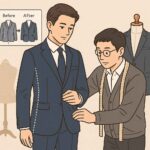 スーツの調整を行う人物を表したイラスト｜ブログサムネイル｜正面